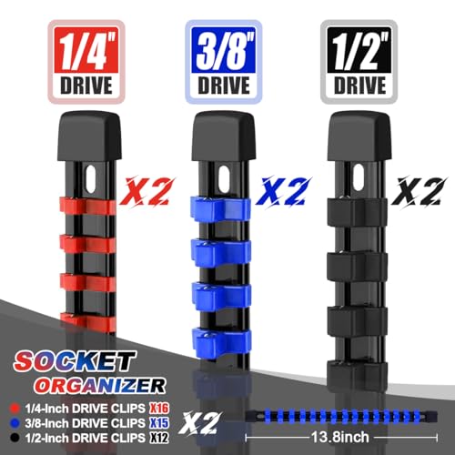 Image of 6 Pcs Socket Organizer Rail Set, Premium Socket Holder, Heavy-Duty Socket Rack Kit With 86 Clips 1 /4-Inch x 32 Clips, 3 /8-Inch x 30 Clips, 1 /2-Inch x 24 Clips - Ideal for Tool Storage