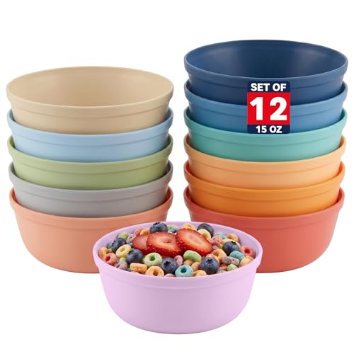 MASTERCOOK Plastic Bowls Set of 12 15oz Multipurpose Deep Plates Salad and Pasta Bowls Ideal for Home Kids Parties Stackable Bowl for Kitchen Non-BPA and Food Grade Cute Colors