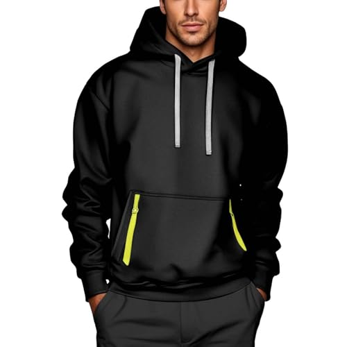 Sudadera con capucha para hombre, color puro, con cordón, corte ancho, sudadera ligera con capucha, sudadera con capucha cálida, Negro , S