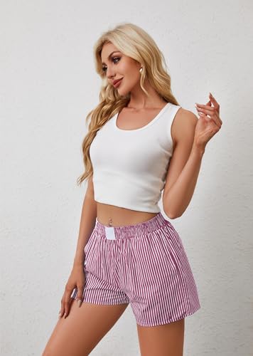 Image of Ythomm Womens Lounge Shorts Y2k Striped Print Elastic Waist Pajama Shorts Cute Boxers Bottoms With Pockets Comfy Sleepwear, X-Large, White-pink