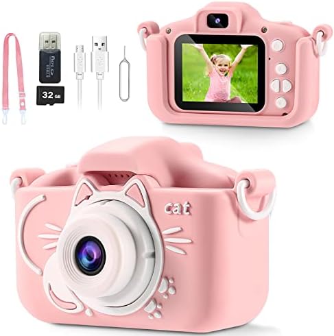 Kids Camera Toys for 4 5 6 7 8 9 Year Old Boys Girls Christmas Birthday Gifts Dual Lens Selfie Camera for Kids，Mini Children Video Record Camera with 1080P HD 2 Inch Screen with 32GB Card (Pink)