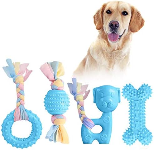 JYPS Puppy Chew Toys, 4pcs Dog Teething Chewing Toy Set with Ball and Cotton Ropes, Aggressive Chew Toys, Interactive Pet Toys Gift Pink for 8 Weeks Small Puppies and Medium Dogs (Blue)
