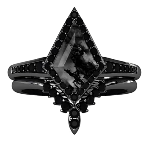 Natural Moss Agate Engagement Black Ring Set for Women Customizable 10K /14K /18K Gold Promise Wedding Stacking Rings Free Engraving Size 4-15