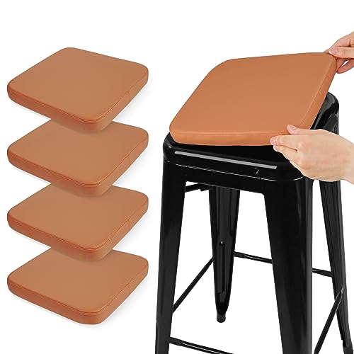 SINOSSO Modern Faux Leather Bar Stool Cushions 4 Pack, Leathaire Magnetic Small Chair Pads for Cafe Bistro Stackable Metal Stools (Square, Orange, 4)