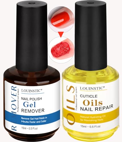 LOUINSTIC Gel Nail Polish Remover, with Cuticle Oil for Nails, No Damage to Nails, Easy & Quick, Removes Gel Nail Polish in 2-5 Minutes, No added Acetone No Foil Soaking, Easy to Use(2X15ML)