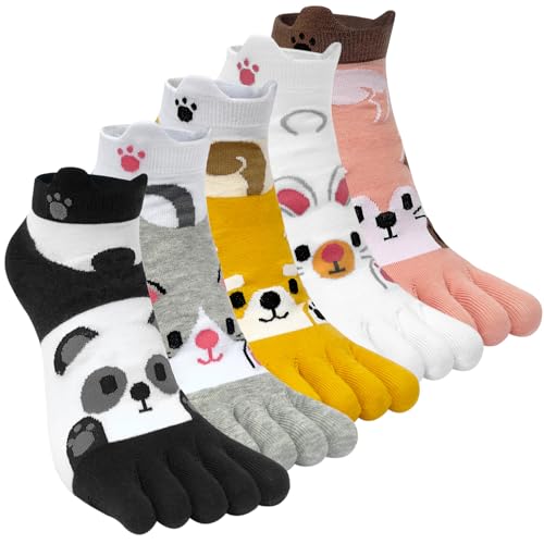 Kevaler Damen Zehensocken Baumwolle Fünf Finger Socken Kurze Socken Knöchelsocken Niedliche Bunt Tier Obst Muster Sneakersocken Socken Neuheit Sportsocken mit Zehen Einzeln Größe: 35-40/5 Paare