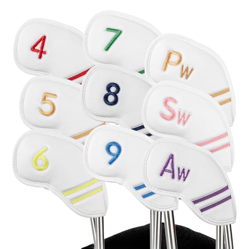 FINGER TEN Golf Club Iron Head Covers Hook and Loop Closure 9 Pack (White)