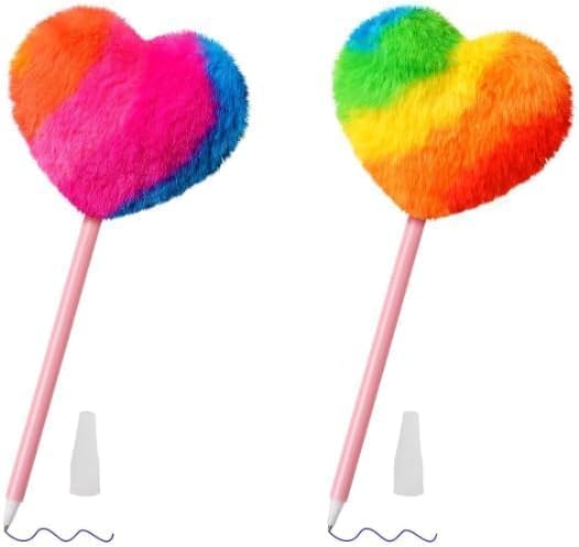 JIzian 2 Pcs Colorful Heart-shaped Pom Pom Pens, Cute Fluffy Ball Pens, Heart-shaped Fluffies - 2 Styles of Rainbow Fun for Office, School & Women, with Refills - Writing & Correction Supplies