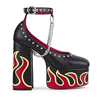 Lamoda Desire Black PU Flame Platform Heels - Chunky Gothic High Heel Shoes with Bold Flame Detailing, Festival Party Statement Footwear, Vegan Leather, UK5