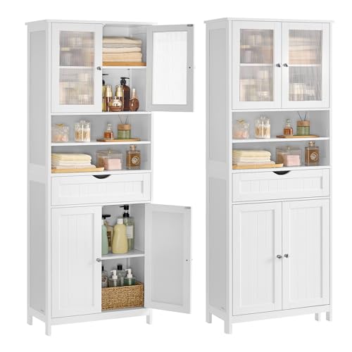VASAGLE Armario de Almacenamiento, Armario de Baño, con Estantes Ajustables, Cajón, Compartimentos Abiertos, para Baño, Sala de Estar, Comedor, Blanco Nube BBC768W01