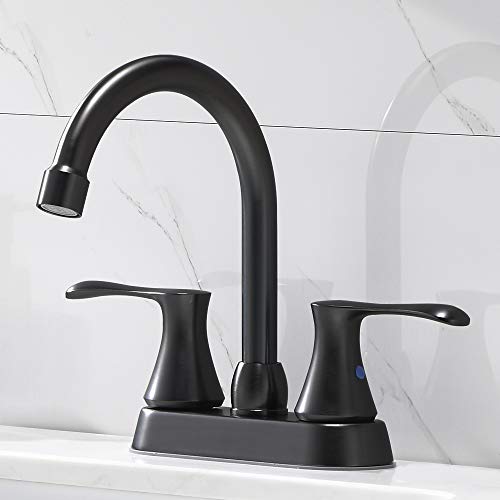 Comllen Matte Black Centerset Bathroom Faucet 4 Inch 2 Handle, Modern 360°Swivel Spout Lead-Free Black Bathroom Sink Faucet, 3 Hole Vanity Lavatory Faucet for Bathroom Sink - Thumbnail 4