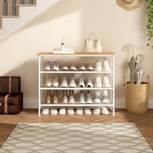 Image of SUOERNUO Shoe Rack Organizer 4 Tier for Closet Entryway Free Standing Metal Storage Shoe Shelf with MDF Top Board (White + Nordic Walnut, 4 Tier)