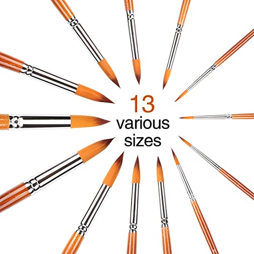 Artdingd Artist Round Painting Brushes Set, 13 Pcs Professional Nylon Hair Wood Long Handle - Detail Paint Brush Paint For Watercolor, Acrylics, Ink, Gouache, Oil, Tempera, Paint By Numbers #TOP4
