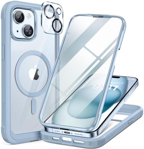 Miracase Vollschutzhülle für iPhone 15, Magsafe, Hellblau | Eingebaute 9H Panzerglas Schutzfolie | Komplettschutz | Stoßfest | Kameraschutz | Geeignet für Outdoor | 6,1 Zoll