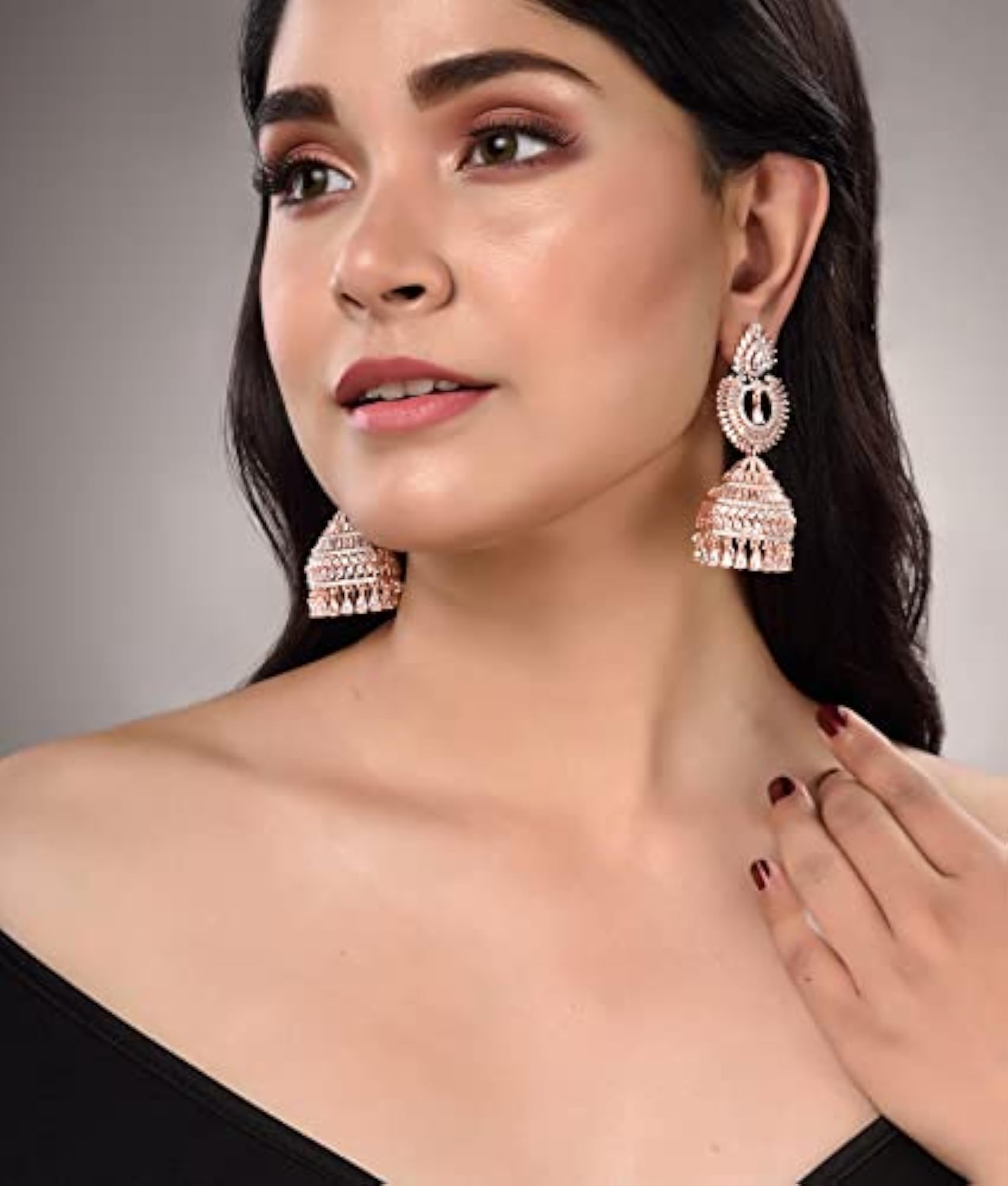 Women's Rose Gold Plated American Diamond Studded Jhumka Earrings