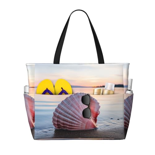 seashells on the beach Print Large Capacity Foldable Washable Zipper Beach Travel Tote Bag ShoppingBag