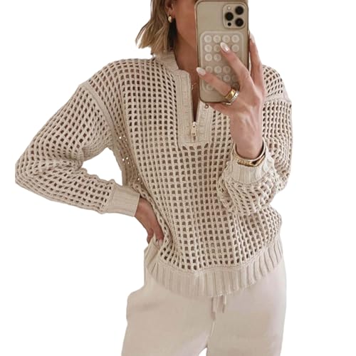 Women's Crochet Quarter Zip Sweater Hollow Out Long Sleeve Knit Pullover Sweater Tops