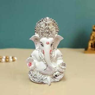 TIED RIBBONS Ganesh Statue for Car Dashboard | Resin, 3 inch | Silver Ganesha Idol for Home, Office, Desk | Baby Ganesha Statues | Indian Decorations for House | Elephant God Statue