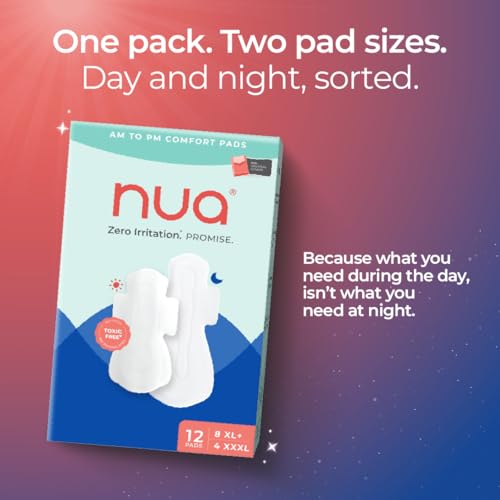 Image of Nua Day & Night Sanitary Pads for Women | Pack of 12 (8 XL Day + 4 XXXL Night Pads) | Ultra-Thin, Super Absorbent | 12 Hr Protection | Soft, Rash-Free, Toxin-Free, Leak-Proof, XL & XXXL Pads