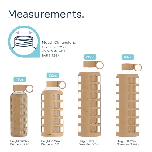 purifyou 40oz / 32oz / 22oz / 12oz Borosilicate Glass Water Bottle with Time & Volume Markers, Silicone Sleeve, Stainless Steel Lid | Reusable Glass Bottle for Water & Juice (22oz Iced Coffee)