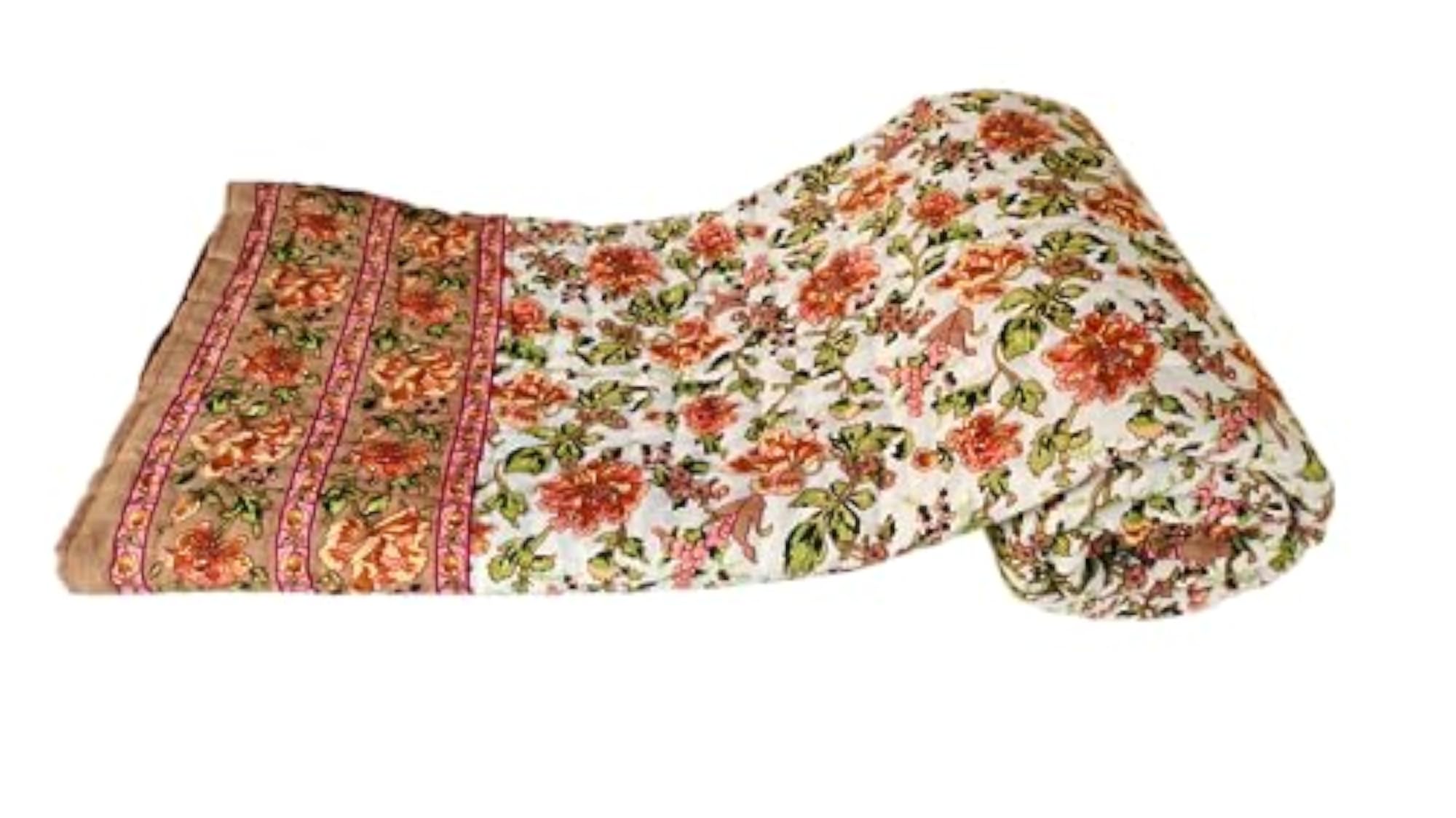 Jaipuri Hand Block Flower Printed Reversible Cotton Double Bed Quilt