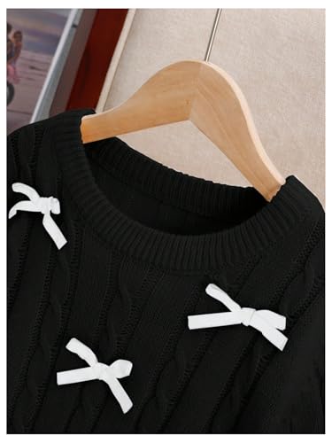 Image of SweatyRocks Girl's Cable Knit Sweater Cute Bow Crewneck Long Sleeve Pullover Sweater Black 8Y