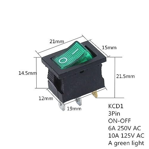 Interruptor basculante KCD1 de 3 pines con luz verde, 250V y 6A para control de encendido, 10 uds 2