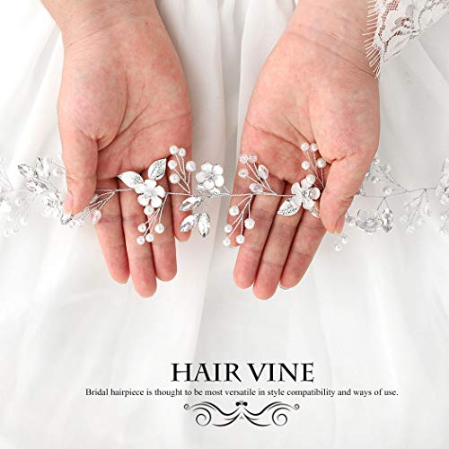 Barogirl Bride Wedding Headband Flower Hair Vine Crystal Bridal Hair Accessories for Women (Silver)