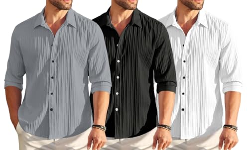 Image of FINIVO FASHION Combo of Men's Casual Cotton Plain Button Down Shirt Long Sleeve Textured Summer Beach Shirt for Men Pack of 3