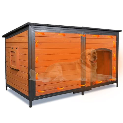Extra Large Dog House Outdoor Weatherproof Dog Shelter Large Wooden Insulated Houses with Upgrade Anti-Chewing Iron Frame