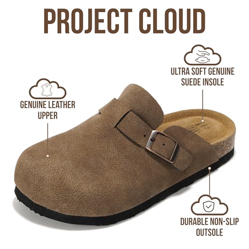 Image of Project Cloud Kids Clogs 100% Genuine Leather with Natural Cork Footbed & Memory Foam Insole Arch Support - Non-Slip Clogs for Kids - Slippers Sandals for Boys & Girls Footwear