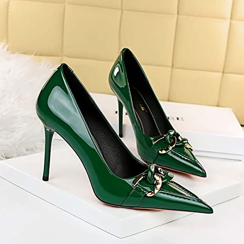 JOEupin Women's Gold Metal Chain Slip On Pointed Toe Stiletto High Heel Pumps Shoes 3.7 Inch3