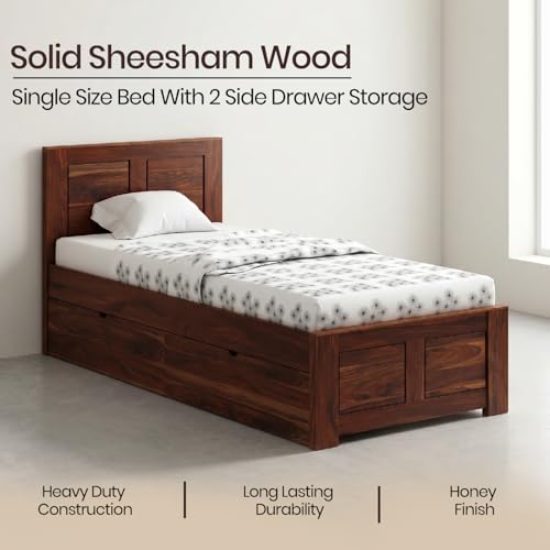 Image of WOODLAB Furniture Single Size Bed with Drawer Storage Wooden Single Cot Bed for Bedroom Home (Honey Finish)