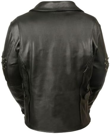 WOMEN'S MOTORBIKE MOTORCYCLE FITTED BELTLESS LEATHER JACKET W/ RIVET DETAILING (XS Regular)