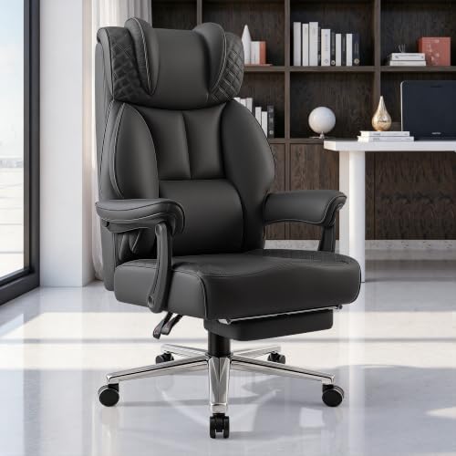 Image of BestGlory Office Desk Chair, Big and Tall Leather Gaming Chair with Footrest, Ergonomic Comfy Executive High-Back Reclining Computer Chairs, Wide Swivel Rolling Wheels and Padded Lumbar Support, Black