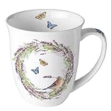 Fine Bone China Ambiente Porzellan Tasse ca. 400ml Becher Bone China Mug Für Tee Oder Kaffee Floral Bird in Lavendel Wreath Chaffinch white