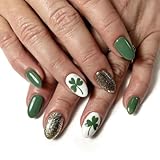 St Patricks Day Press on Nails Short Almond Fake Nails Green Shamrocks False Nails Press ons with Design Acrylic Artificial Nails Full Cover Glue on Nails Stick on Nails for Women Girls Manicure 24Pcs