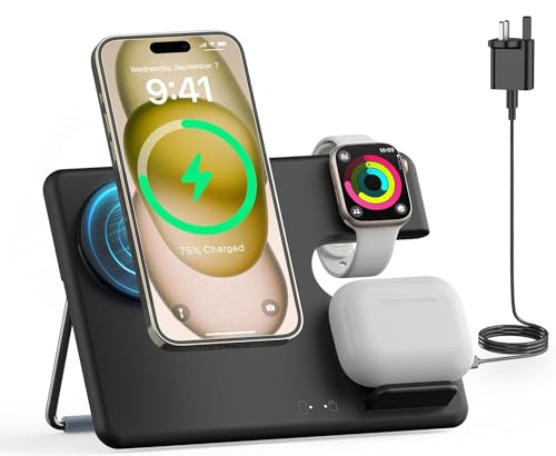 JoyGeek Charger Stand with MagSafe, 3 in 1 Wireless Charging Station for i Phone 16/15/14/13/12, Multi Charger Station for iWatch 10-2/Ultra, Charging Stand for AirPods 4/Pro/3/2-Black