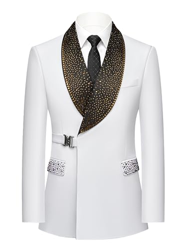 Men's White Slim Fit Shawl Lapel Tuxedo Suit Set with Belt Rhinestones on Collar & Pockets, Black Pants for Prom