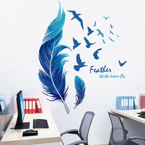 Arawat Feather Wall Decals Decor Home Wall Sticker Decorations For Living Room Classroom Blue Wall Decor For Bedroom Bathroom Furniture Vinyl 3D Feather And Birds Picture Wallpaper Stick And Peel Art #TOP3