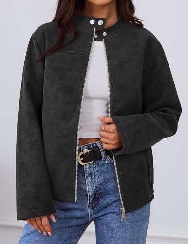 MEROKEETY Women's 2025 Faux Suede Bomber Jackets Trendy Long Sleeve Zip Up Fall Winter Coat Outerwear3