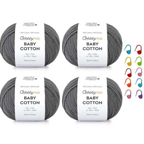 Image of Baby Cotton Blend Yarn - Soft Sport Weight Yarn for Crochet & Amigurumi - 50g /180yds - 60% Cotton 40% Acrylic - Ideal for Baby & Knitting Proj. & 10 Stitch Markers(Dark Gray, 4 Balls)