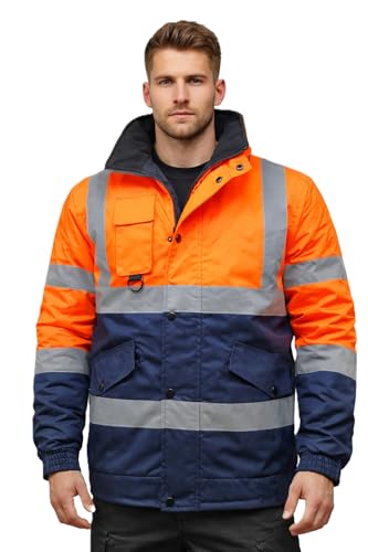 Image of SHEEN Hi Vis Waterproof Bomber Jacket High Visibility Safety Workwear with Reflective Tape Two Tone Padded Windproof Jacket for Security & Outdoor Work (UK, Alpha, 3XL, Regular, Regular, Orange/Navy)