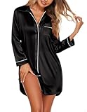 Ekouaer Satin Nightgowns for Women Button Down Sleep Shirt Silk Night Shirt Long Sleeve Boyfriend Sleepwear S-3XL Black