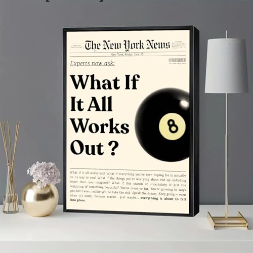 What If It All Works Out Canvas Wall Art Black 8 Newspaper Aesthetic Painting Poster Positive Affirmations Wall Decor Teamwork Lnspirational Quotes Pictures for Wall Living Room Bedroom Office Home Decoration 12*18 in (Stretched Canvas on A Wooden Frame) by SUNILLUMA - Used condition - Image 3