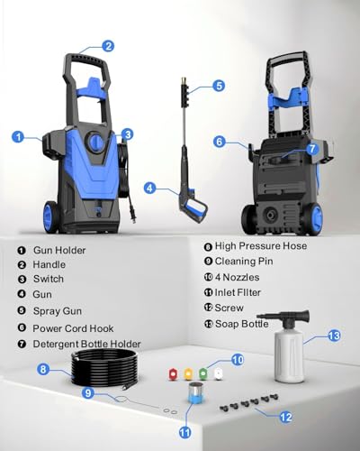 AgiiMan Electric Pressure Washer, 4800PSI Max 3.0GPM Power Washer Electric Powered with 20FT Hose, 4 Nozzles, Foam Cannon, High Pressure Cleaner Machine for Cars, Blue