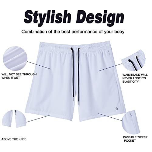 Brisira Mens Swim Trunks Swim Shorts Quick Dry 5 Inch Inseam Beach Shorts With Compression Liner And Zipper Pocket White #TOP2
