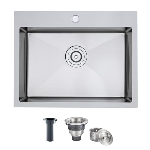 MENATT 21 Inch Drop in Kitchen Sink Brushed Nickel, 18 Gauge Stainless Steel 1 Faucet Hole Single Bowl Kitchen Sink Topmount 9 inch Deep Basin Bowl with Drain Strainer, D21"xW18"xH9" -  wenzhou zhiyuan jieju youxian gongsi, LH-2118UN2-24