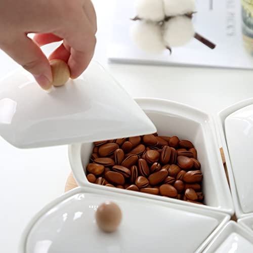 Wmm 11 Inch Ceramic Divided Serving Dishes With Bamboo Tray And Lids, 5 Removable Snack Bowls Relish Tray For Candy, Nut, Fruits, Chips And Dip #TOP6