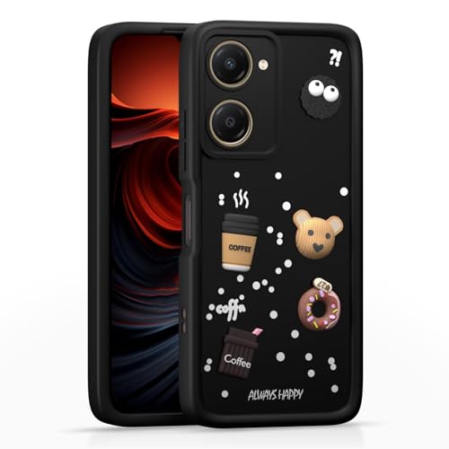 Image of Bintage Cute Fun Ball | Taddy Cartoon 3D Smiley Coffee Cup | Milk Donut | Full Camera Protection Back Cover Compatible for Vivo V2332 / Y03 / Y28s / Y28e / Y18 - Black